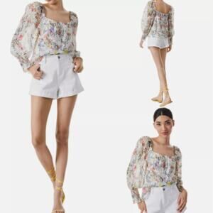 Alice + Olivia Women's Rowa Floral Eyelet Top XL In White Multi Square Neck